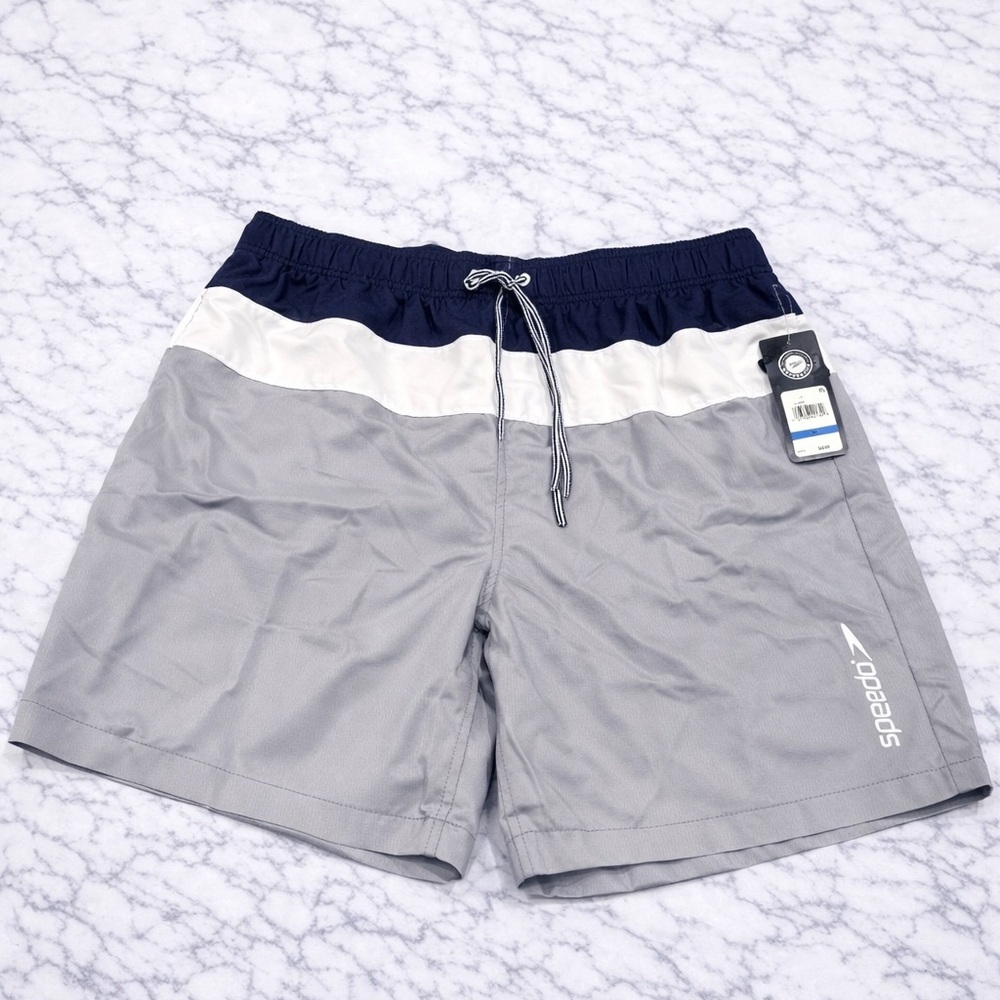 Speedo Colorblock Swim Trunks Grey Navy White Volley Shorts NWT XL